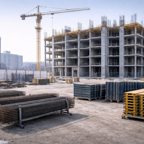 Winter daylight construction site with concrete frame and crane in Ukraine, dry ground, no text