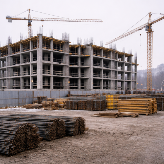 Urban construction site with tower cranes and concrete frame, winter daylight, dry matte surfaces