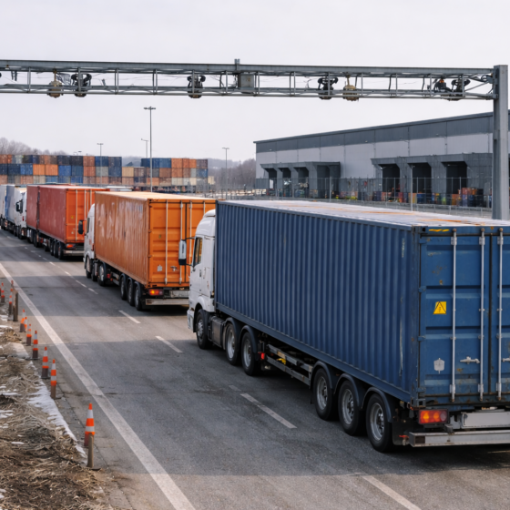 Container trucks at an inland customs transit inspection lane in Ukraine in winter daylight, no text