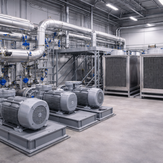 Clean industrial retrofit hall in Ukraine with new energy efficiency and heat recovery equipment being installed, winter daylight, no text