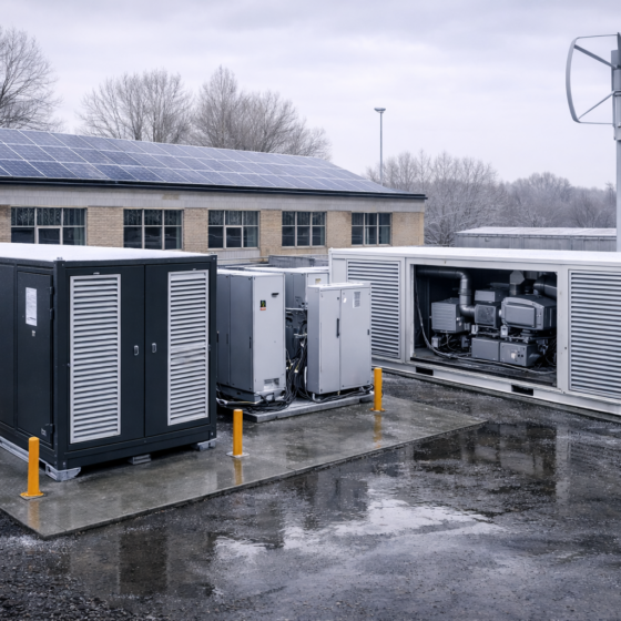 Municipal decentralized microgrid site with battery storage, modular generator, and rooftop solar in winter daylight, no text