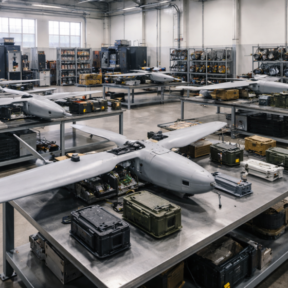 Unbranded defense manufacturing workshop in Ukraine with drone and electronic warfare components on assembly tables, no text