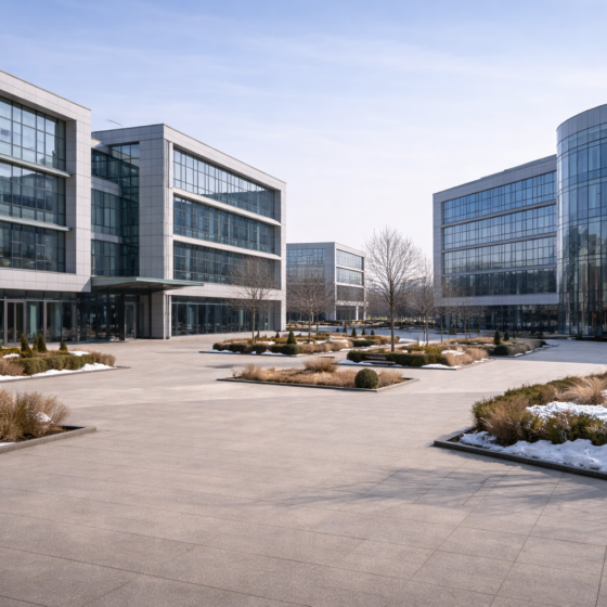 Winter daylight exterior of a modern Ukrainian tech park campus near Kyiv, glass buildings and dry pavement, no people, no text