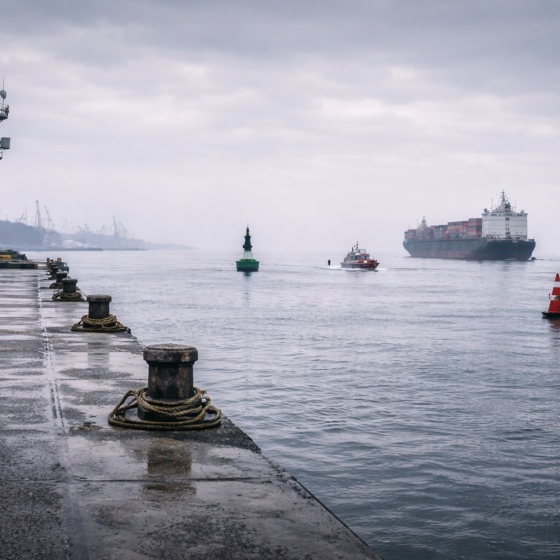 Ukrainian seaport entrance channel with navigation buoys and a maritime safety tower, no text