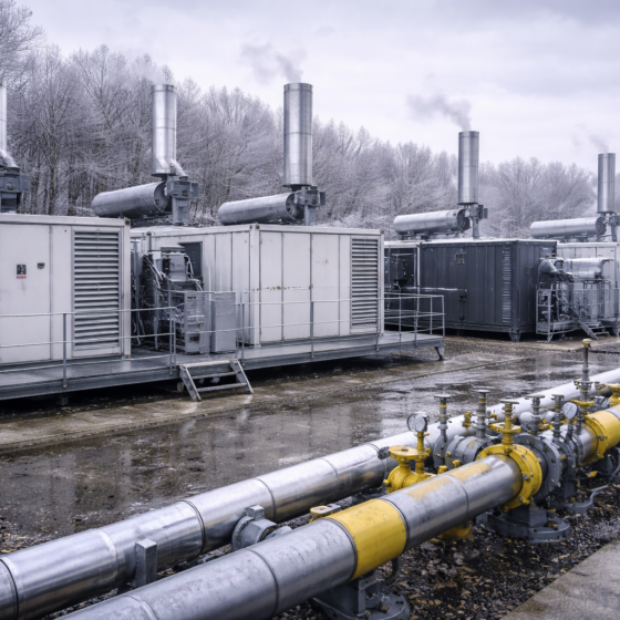 Containerized gas cogeneration modules at a decentralized energy site in winter daylight, no text