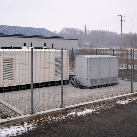 Small distributed energy site with compact generator container, battery cabinet and rooftop solar, winter light