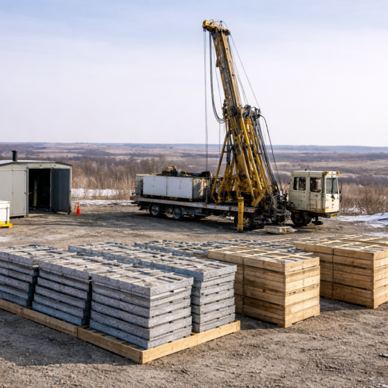 Lithium exploration drilling rig with unmarked core boxes on a dry winter site in central Ukraine, no text