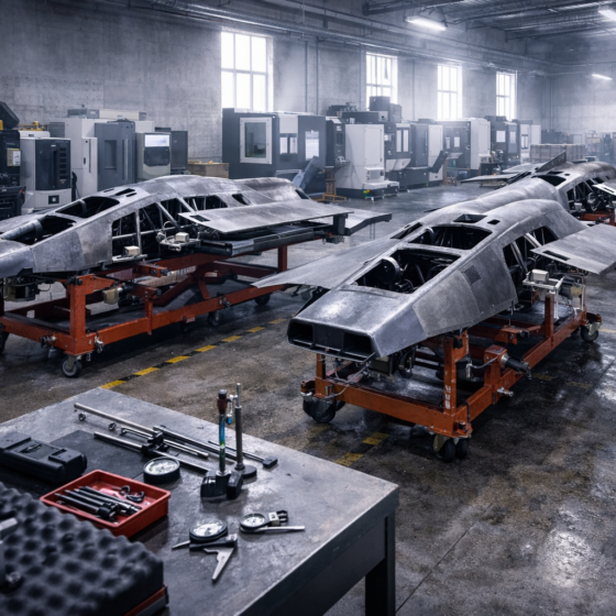 Ukrainian defence manufacturing workshop with drone airframes and industrial machinery, no text, no logos