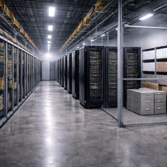 Secure data processing facility with unbranded server racks and a document archive corner, no text, no logos, no flags