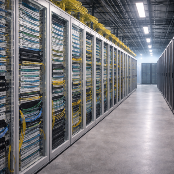 Neutral data center corridor with unbranded server racks and fiber cross-connect infrastructure in winter daylight, no text