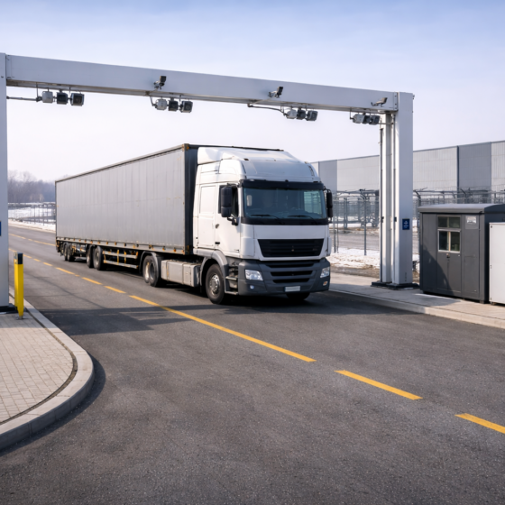 Freight gate lane at a Ukrainian logistics hub with an unbranded truck passing inspection sensors, no text