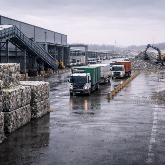 Regional waste management and recycling hub with industrial equipment in winter daylight, no text