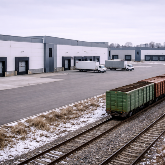 New industrial park near Kyiv with rail spur and unbranded freight, dry winter daylight, no text