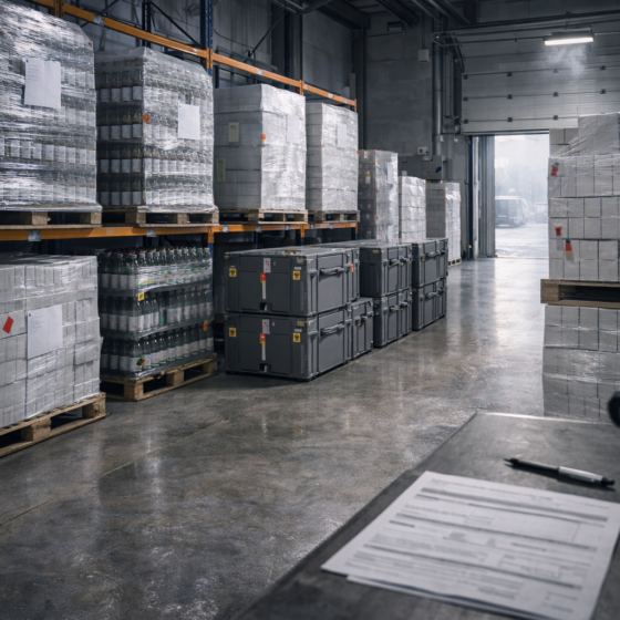 Excise goods warehouse pallets and sealed cartons prepared for track-and-trace, no text, no logos, no flags