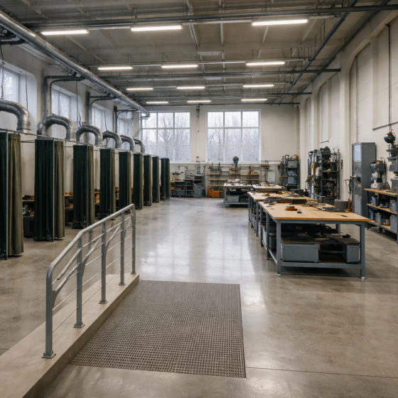 Vocational training workshop in Ukraine with PPE racks and welding booths in winter daylight, no text