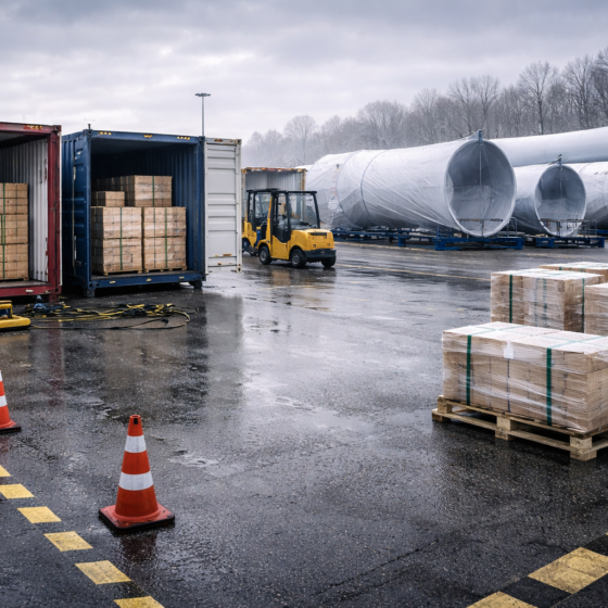 Border logistics terminal with crated wind and solar equipment being inspected, no text, no logos, no flags