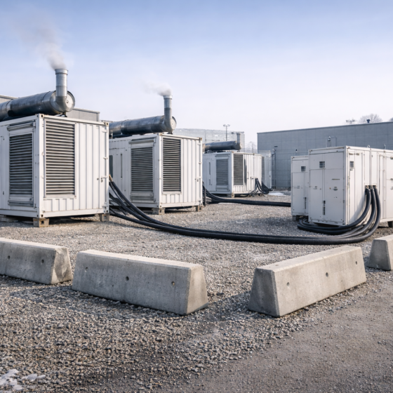 Unbranded containerized generator units and power cabling at a Ukrainian municipal utility yard in winter daylight, no text