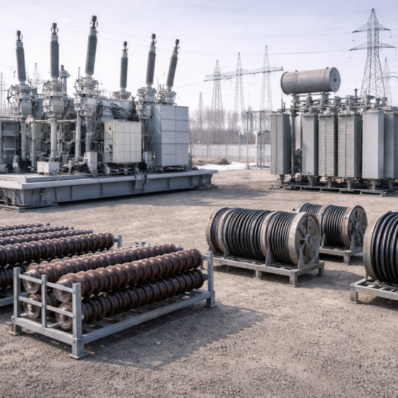High-voltage substation maintenance yard with unbranded transformer components and a mobile substation skid in winter daylight, no text