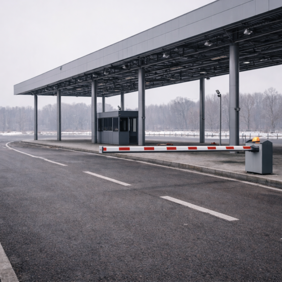 Modern border crossing terminal lane with barrier gate and canopy, winter daylight, no text