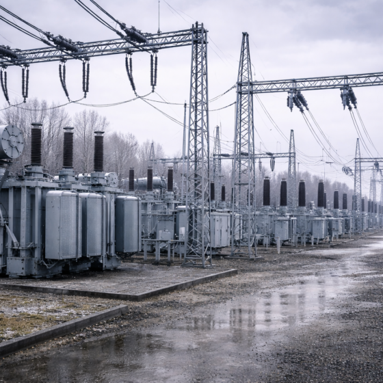 High-voltage cross-border substation and transmission lines in winter daylight, no text