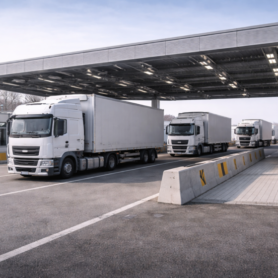 Modernized border inspection lane in Ukraine with unbranded freight trucks in winter daylight, no text