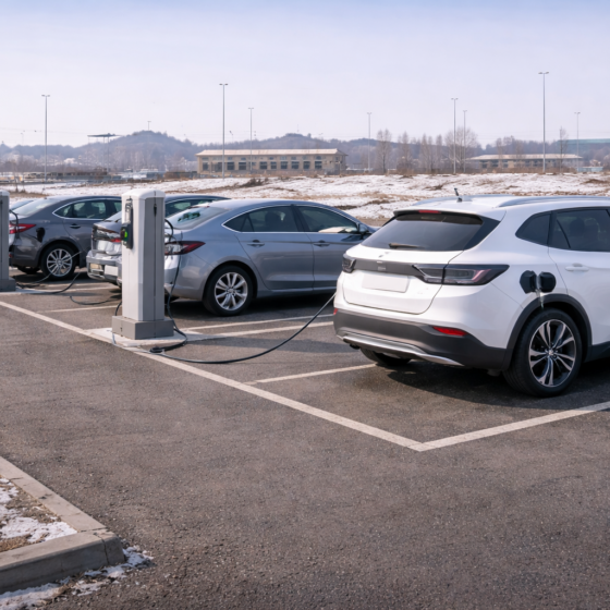 Outdoor EV charging hub with several electric cars in winter daylight in Ukraine, clean dry asphalt, no text