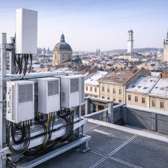 Rooftop telecom base station equipment and 5G antenna in winter daylight in Lviv, Ukraine, no text