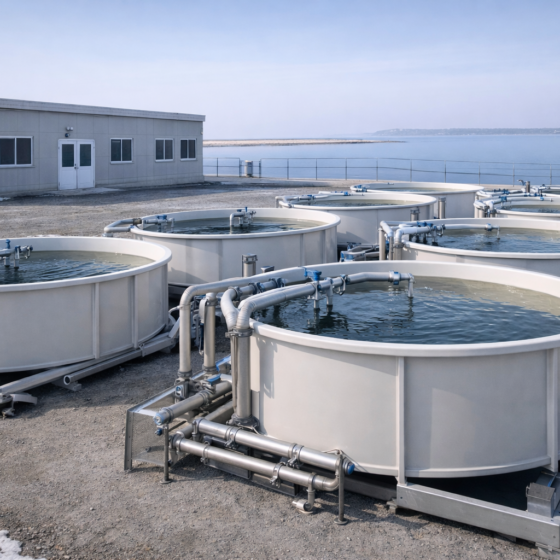 Clean coastal aquaculture hatchery with circular tanks and filtration pipes in winter daylight in Ukraine, no text