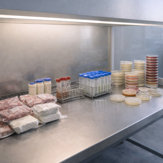 Sterile food microbiology laboratory in Ukraine testing packaged food samples, no text, no logos, no flags
