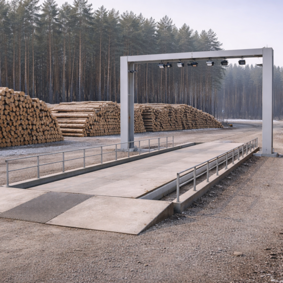 Modern state forestry log sorting yard in winter daylight with traceability infrastructure, no flags, no text