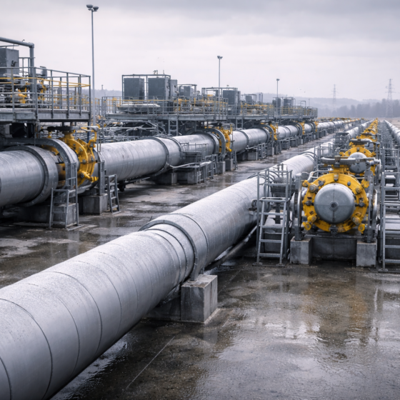 Ukraine–EU gas interconnection station with pipelines and valves in winter daylight, no text