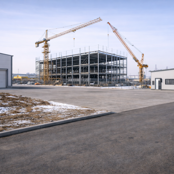 Dry winter industrial construction and renovation site in Ukraine symbolizing economic growth drivers in 2026