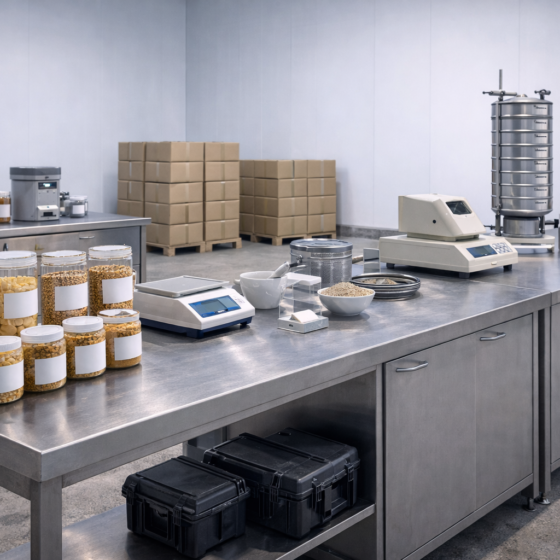 Clean agrifood export quality control facility with sealed unlabeled samples and stainless equipment in winter daylight, no text