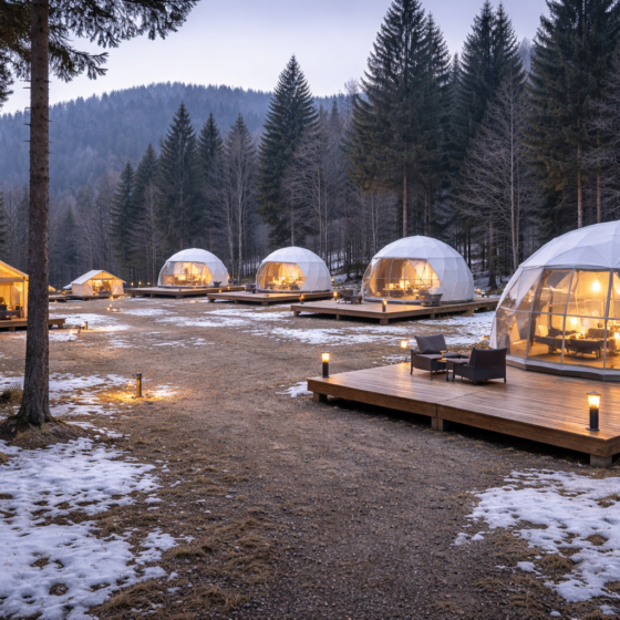 Premium glamping domes and safari tents on wooden decks in winter daylight in Ukraine, no text
