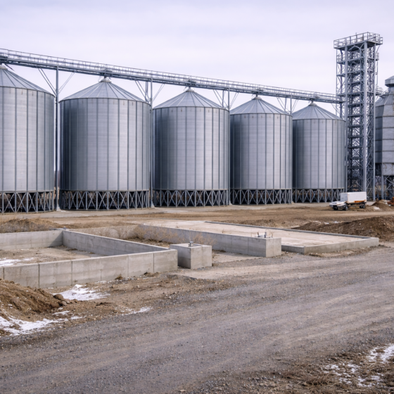 Construction of a mid-size grain elevator complex with silos and a dryer in winter daylight, no text, no flags