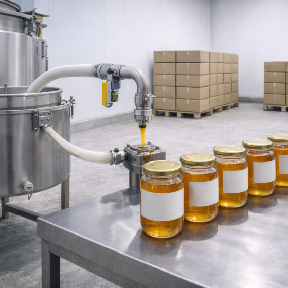 Honey processing and filtration equipment with sealed unlabeled export jars in a clean facility in Ukraine, winter daylight, no text
