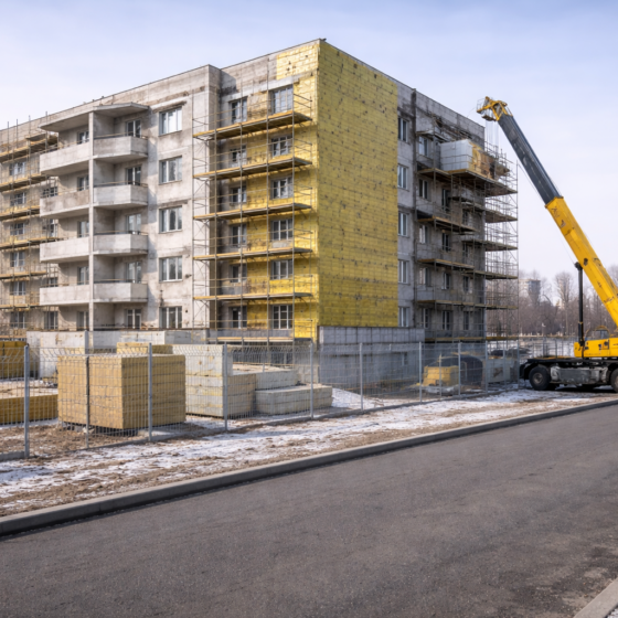Apartment building renovation site in Ukraine in winter daylight with scaffolding and a small crane, dry surfaces, no people