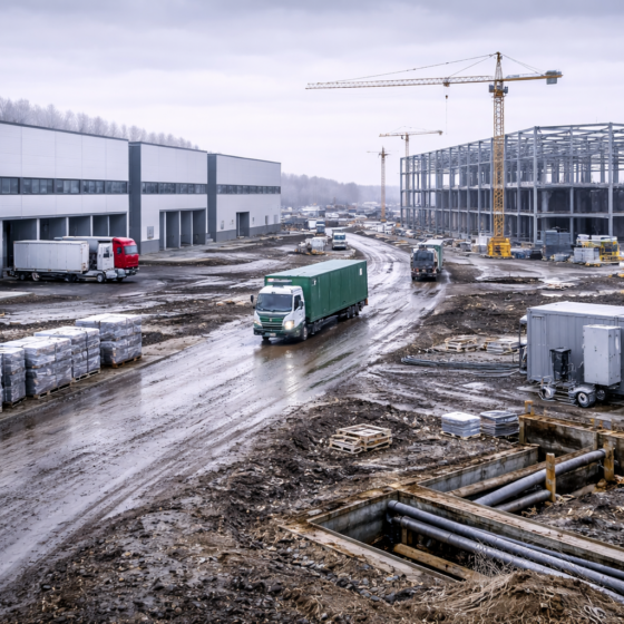 Industrial park with new factory buildings and active construction in winter daylight, no text