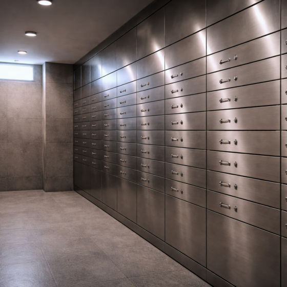 Modern bank vault corridor with a steel vault door and unlabeled safety deposit boxes, no text