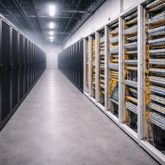 Unbranded server racks and fiber cross-connect frames inside a clean data center corridor in winter daylight, no text