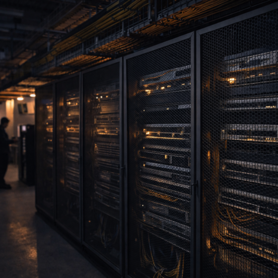Clean telecom switching and data infrastructure room with server racks and fiber patch panels, winter daylight, no text
