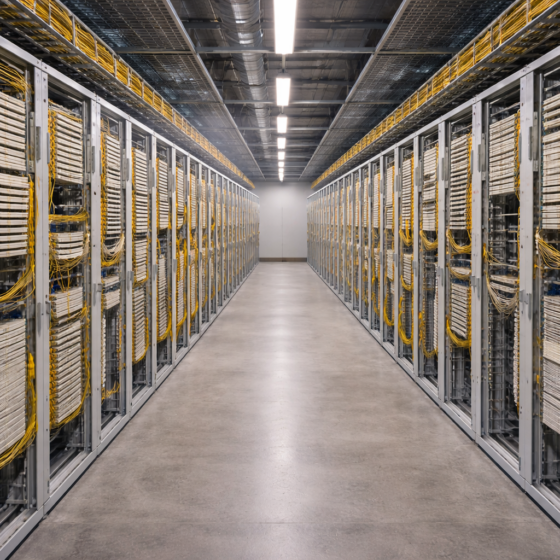 Neutral telecom fiber exchange corridor in Ukraine with dense unbranded cable cross-connect frames, no text