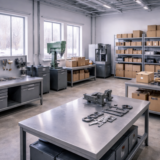 Small industrial workshop in Ukraine with unbranded machinery and steel shelving, no text