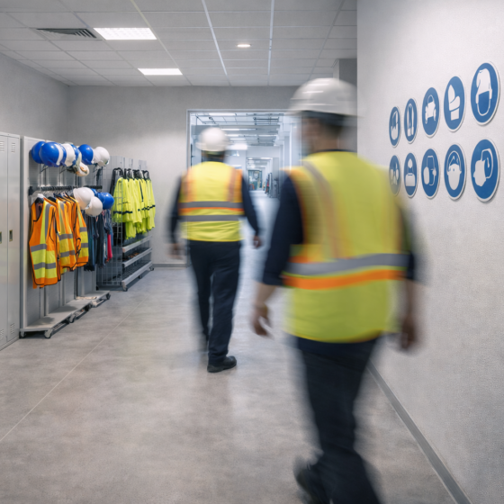 Industrial hiring and onboarding area at a modern Ukrainian manufacturing site in winter daylight, no flags, no text