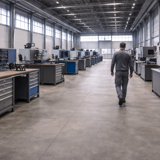 Industrial workshop with several empty workstations and one technician in winter daylight, no text