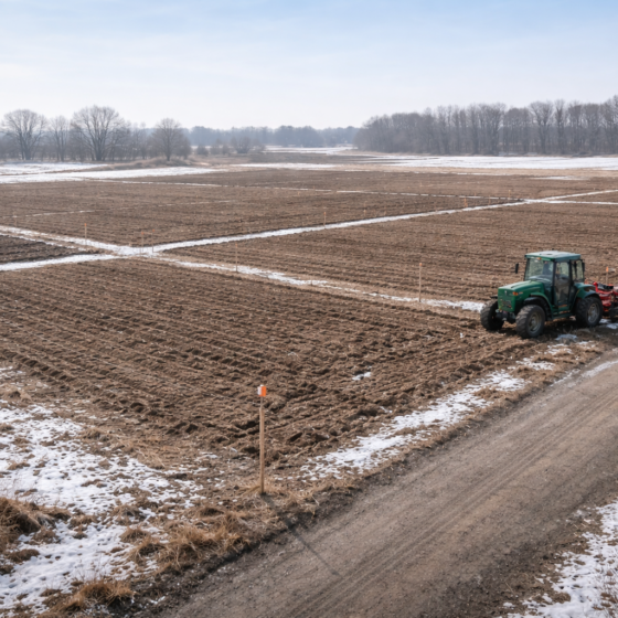 Winter agricultural land parcels in Ukraine with survey stakes and a tractor near field boundaries, no text