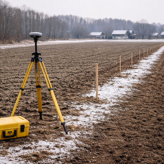 Field boundary stakes with GNSS survey tripod and equipment case, winter daylight, no text