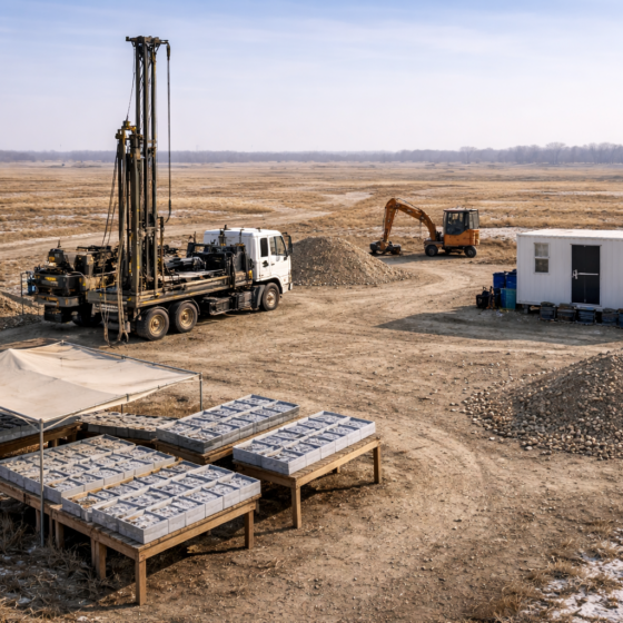 Dry winter daylight mineral exploration drilling site in Ukraine with unbranded rig and core sample boxes, no text