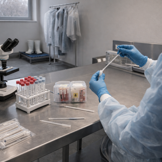 Veterinary diagnostics lab preparing livestock samples, winter daylight, clean biosecurity setup