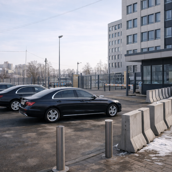 Secure diplomatic arrival zone near a government complex in Kyiv region in winter daylight, no text